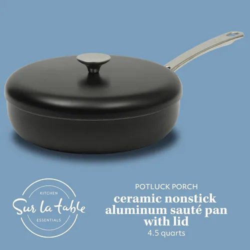 Vista 2 de Sur La Table Kitchen Essentials Potluck Porch - Sartén para saltear de 4.5 cuartos, sartén profunda para freír con tapa, aluminio, utensilios