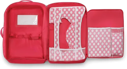 Vista 8 de Badger Basket Estuche de viaje doble para muñecas, se adapta a muñecas de 18 pulgadas, incluye 2 camas para muñecas, mantas, compartimentos