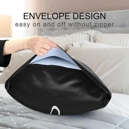 Vista 7 de Fundas de almohada negras personalizadas de seda con cierre de sobre, funda de almohada de satén tamaño estándar para personas que duermen
