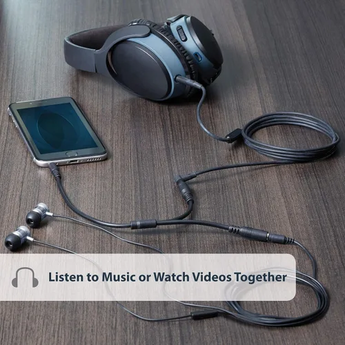 Vista 2 de StarTech.com Cable de extensión de audio de 0.138 in – Cable divisor de audio delgado y extensor de auriculares – macho a 2 cables AUX hembra
