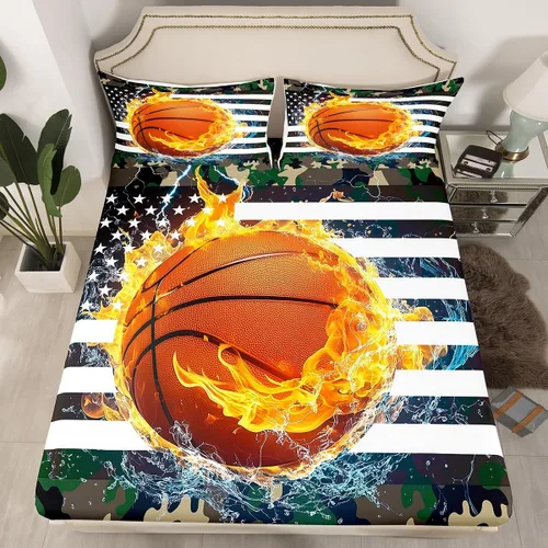 Vista 13 de Erosebridal American Flag Fitted Sheet Twin, Hockey Bedding Set United States Sports Games Bed Sheets for Kids Boys Teens Bedroom, Red White