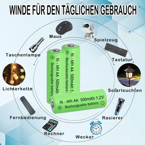 Vista 4 de 1.2 voltios AA 500mAh solar de larga vida recargable baterías verdes, doble A de hidruro de metal de níquel para luces decorativas al aire libre