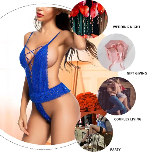 Vista 4 de ADSEXY Lencería para mujer, sexy, de encaje, de una pieza, transparente, cuello en V profundo, sin espalda, mini babydoll