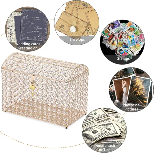 Vista 7 de ELLDOO Caja de tarjetas de boda de cristal con cierre de corazón, 12.6 x 6.3 x 9.4 pulgadas, caja de tarjetas de dinero estilo cofre del tesoro