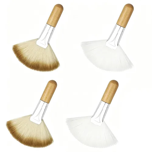 Vista 8 de Paquete de 4 cepillos de abanico para mujer, cepillo de cerdas suaves para resaltar la cara, cepillo para rubor con mango largo, cepillos