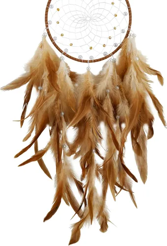 Vista 3 de Atrapasueños marrones, plumas de pollo con perla de cristal, atrapasueños hecho a mano para dormitorio, atrapasueños para niñas, atrapasueños
