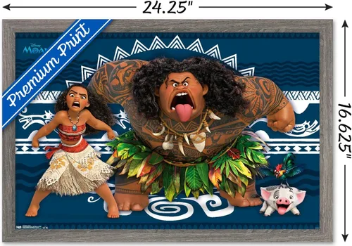 Vista 3 de Disney Moana - Póster de pared de caras de 22.4 pulgadas de largo x 14.7 pulgadas de ancho, versión enmarcada de madera de granero