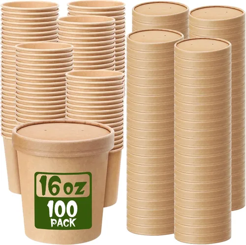 Vista 8 de Fulmoon Paquete de 100 recipientes de papel para sopa con tapas, recipientes de papel desechables para alimentos con tapa ventilada, tazas de postre