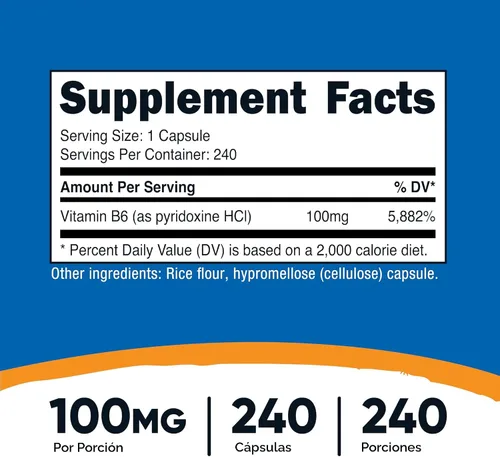 Vista 2 de Nutricost Vitamina B6 (Piridoxina HCl) 100 mg, 240 Cápsulas