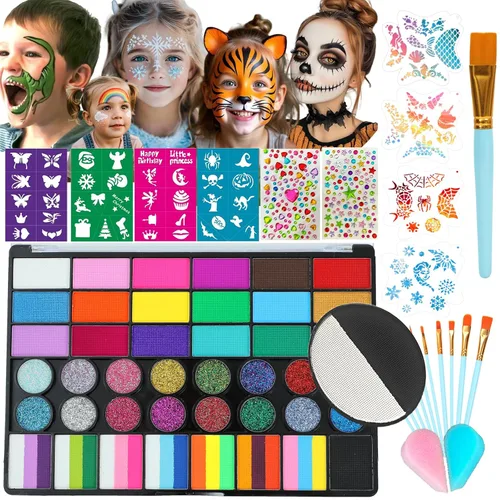 Vista 8 de Face Painting Kit, 12 Split Cake Face Paint Palette Makeup Kit Non-Toxic Water Activated with Brush, Sponge for Party Halloween (12 Split Cakes)