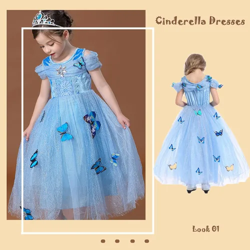 Vista 4 de Vestidos de princesa para niñas, disfraz de Cenicienta y Elsa con accesorios de mariposa, ropa de fiesta de Halloween