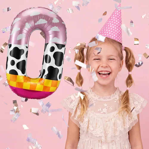 Vista 7 de Globo número 0 de 40 pulgadas con nubes rosadas, diseño de tatuajes, globos de papel de aluminio de números grandes para fiesta temática de granja