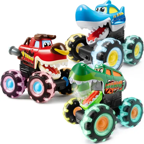 Vista 8 de JOYIN Paquete de 3 camiones monstruos de juguete - Coches iluminados activados por movimiento para niños pequeños - Ruedas LED Monster Glow Rover