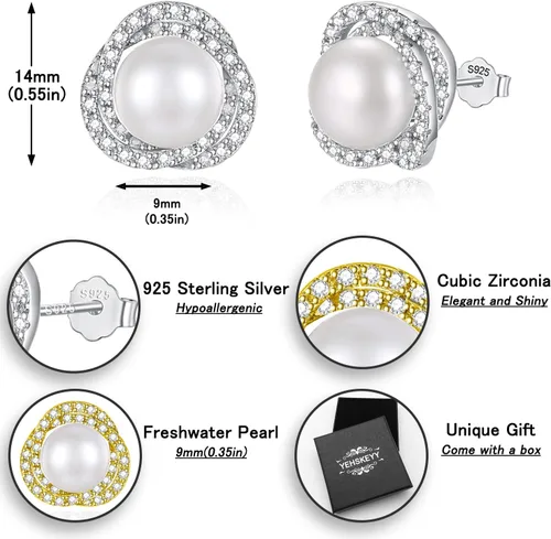 Vista 4 de Real Pearl Earrings for Women 925 Sterling Silver Pearl Stud Earrings Freshwater Cultured Pearl Studs with Cubic Zirconia for Girls Mother