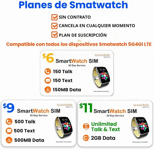 Vista 5 de SpeedTalk Mobile Tarjeta SIM de $6 para relojes inteligentes 150 minutos de conversación, 150 textos, datos de 150 MB Plan de 30 días