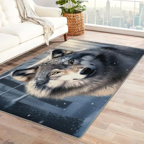 Vista 10 de Alfombra de lobo y decoración del hogar, alfombra de 5 x 7 pies, alfombras de animales salvajes para sala de estar, dormitorio, alfombra de lobos