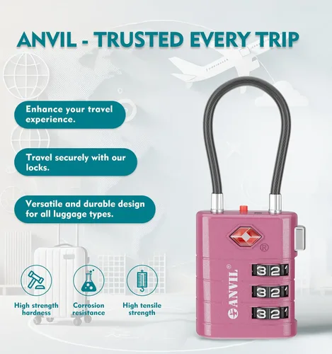 Vista 4 de ANVIL Cerraduras de equipaje aprobadas por la TSA Cerraduras de viaje combinadas TSA008 de alta seguridad con indicador de inspección para maletas