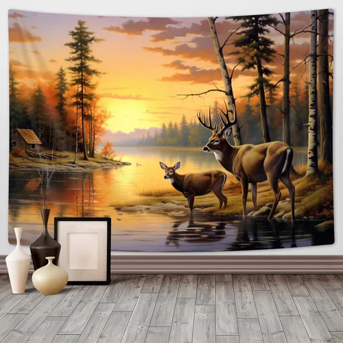 Vista 12 de DYNH Tapiz de pesca de oso negro, para colgar en la pared de cabaña de lago y puesta de sol, paisaje, naturaleza, bosque, tapiz para dormitorio