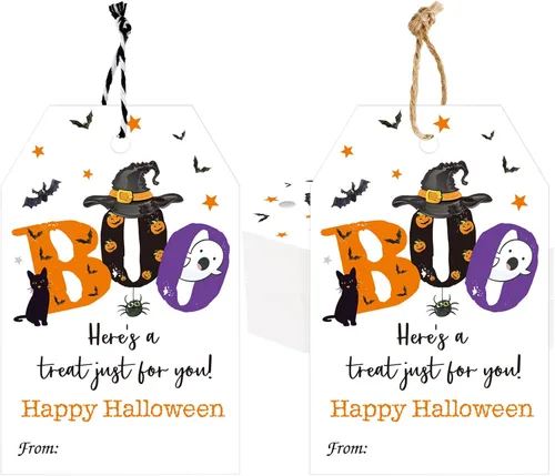 Vista 10 de jijAcraft Etiquetas de Halloween con cuerda, 50 etiquetas de regalo de papel de feliz Halloween, 3.3 x 2.1 pulgadas, diseño de fantasma rosa, un