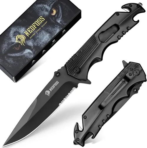 Vista 8 de NedFoss FA48 - Cuchillo de bolsillo para hombres, cuchillo plegable multiherramienta 5 en 1 con bloqueo de marco, abrebotellas, rompevidrios