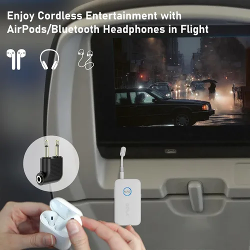 Vista 2 de YMOO Transmisor Receptor Bluetooth 5.3 para 2 Auriculares Inalámbricos/Altavoz/Avión, Adaptador de Audio Bluetooth AUX Jack de 3.5mm, 22h Largo