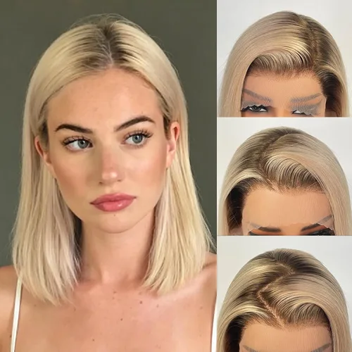 Vista 5 de Peluca de cabello humano rubio ceniza ombré, encaje frontal transparente UHD de 13 x 4 pulgadas, encaje frontal transparente UHD de 12 pulgadas 666