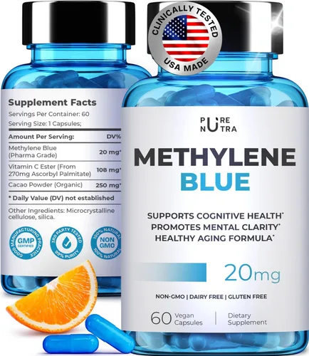 Ultimate Methylene Blue Cápsulas para humanos 20 mg – Combustible de enfoque y vitaminas de memoria | Grado farmacéutico de metileno azul 2% –