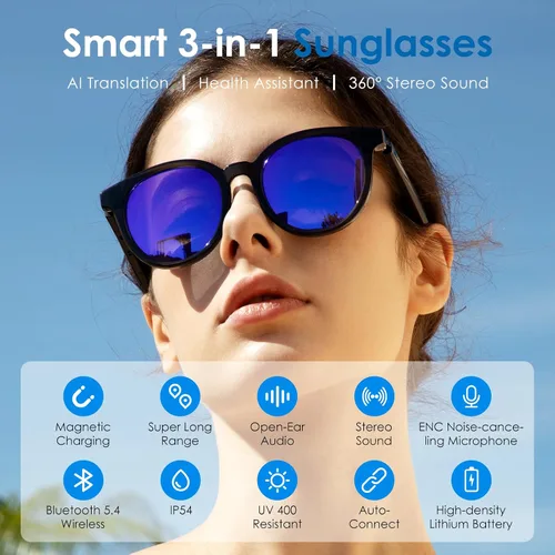 Vista 2 de GetD Gafas inteligentes AI, traducción en 164 idiomas ChatGPT, Bluetooth