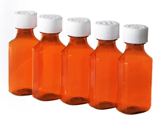 Vista 6 de Botellas líquidas de plástico ámbar para medicina con tapas resistentes a los niños, paquete de 5 botellas dispensadoras ovaladas farmacéuticas