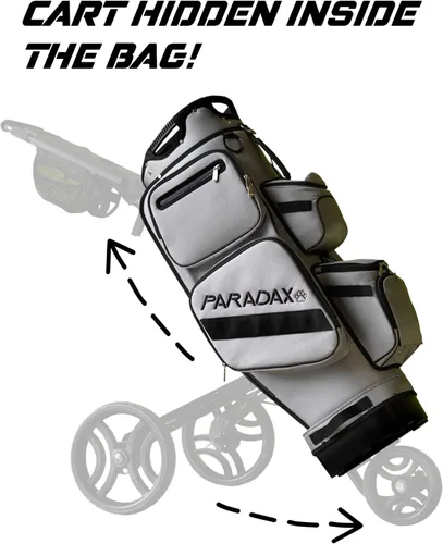 Vista 2 de PARADAX Bolsa de golf todo en uno A1-1 - Carrito integrado dentro de la bolsa. El carrito se esconde dentro de la bolsa de golf en cuestión