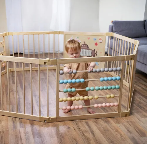 Vista 9 de Corralito de madera extragrande para niños pequeños y bebés - Diseño de juguete con tema Bajo el Mar - (8/10) Paneles de madera - Corralito plegable