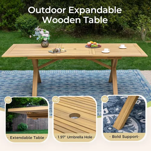 Vista 3 de MIXPATIO Juego de comedor de madera de acacia para exteriores, juego de mesa de comedor y sillas de patio de 7 piezas, mesa de comedor expandible