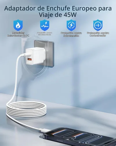 Vista 4 de adaptador europeo del enchufe del viaje 45W, cargador rápido del USB C del convertidor de corriente de 2 puertos