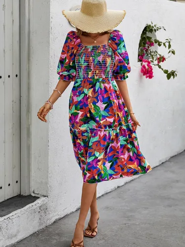 Vista 5 de PRETTYGARDEN Vestido midi casual de verano para mujer, manga abombada, cuello cuadrado, acampanado, bohemio, floral, fruncido