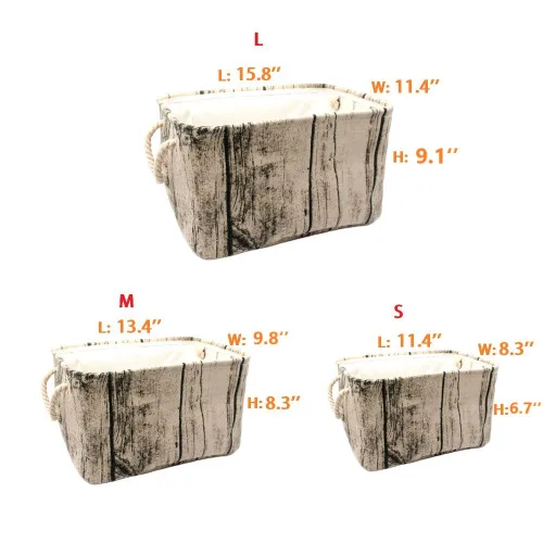 Vista 3 de Elegante cesta de almacenamiento rectangular de grano de madera con diseño de tocón de árbol, cesta de almacenamiento de tela de algodón lavable