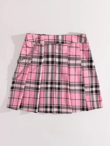 Vista 2 de SheIn Minifalda plisada de cintura alta para mujer, con cadena a cuadros, uniforme escolar