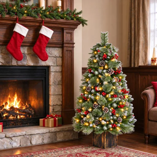 Vista 2 de Jin&Bao Árbol de Navidad artificial de 4 pies, árbol en maceta con 100 Verde bosque