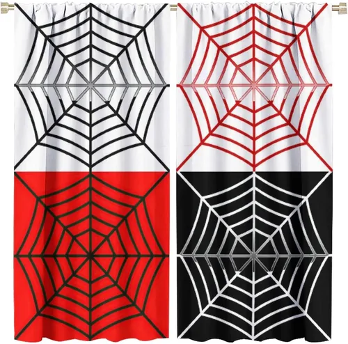 Vista 10 de Cortinas opacas de tela de araña aterradora para niños, tela de araña en blanco y negro, fondo rojo, dormitorio de niños, guardería, decoración