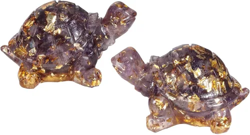 Vista 10 de SUNYIK Paquete de 2 estatuas de tortuga de cristal de orgón, amuleto de tortuga de piedra de Reiki, escultura Fengshui para decoración de oficina