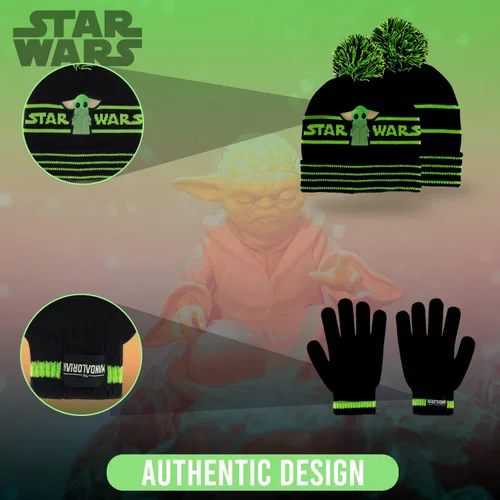 Vista 5 de Star Wars Baby Yoda - Gorro de invierno para niños y guantes de nieve o guantes para niños pequeños, 2 unidades, conjunto de guantes suaves y gorro