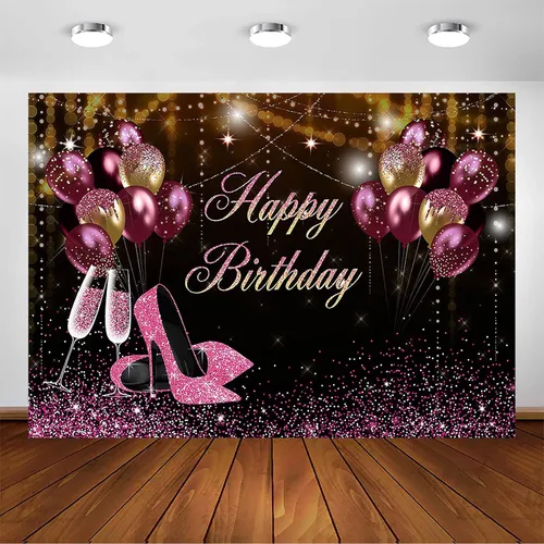 Vista 6 de Avezano Telón de fondo de cumpleaños con purpurina rosa y negro para niñas y mujeres, sesión de fotos, pancarta de fiesta de feliz cumpleaños