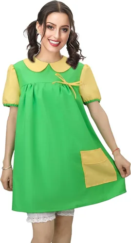 Vista 8 de ZIFUNMUR Disfraz Chilindrina para mujeres y niñas, vestido verde, cárdigan rojo, pantalones cortos, gafas, conjunto completo de Halloween Cosplay