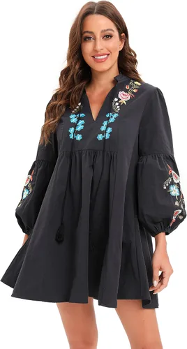 Vista 5 de Aox Women Retro Lanter Sleeve Floral Embroidered Boho A line Loose Short Shift Swing Dress