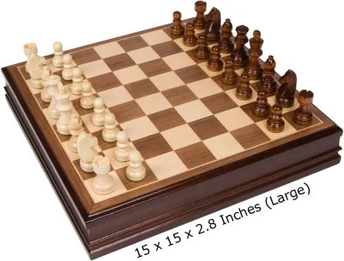 Vista 2 de Catherine - Juego de mesa de madera con incrustaciones de ajedrez con piezas de madera, juego grande de 15 x 15 pulgadas