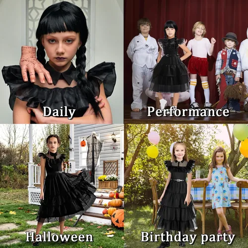 Vista 4 de Ainvliya Wednesday Addams - Disfraz de Addams para niños y niñas, vestido de cosplay negro con accesorios, disfraz de fiesta de Halloween