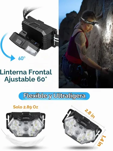 Vista 4 de Linterna frontal de 9 LED, 2000 lúmenes, lámpara de cabeza súper brillante con 6 modos, luz de cabeza impermeable IPX5, linterna de cabeza ligera 1