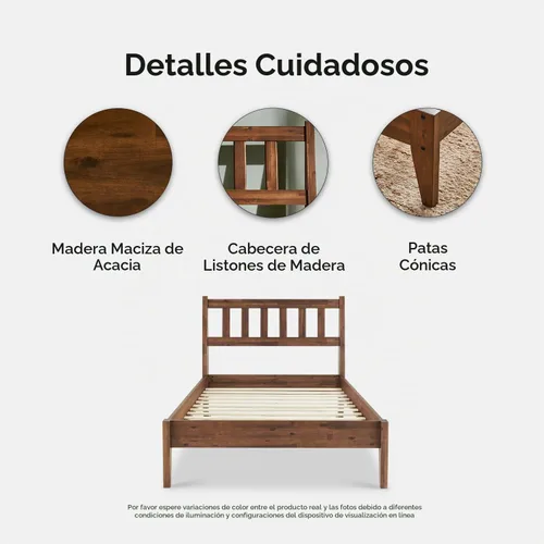 Vista 4 de mopio Ted - Marco de cama con cabecero, marco de cama de plataforma de madera maciza de acacia moderna de mediados de siglo, listones de madera, sin