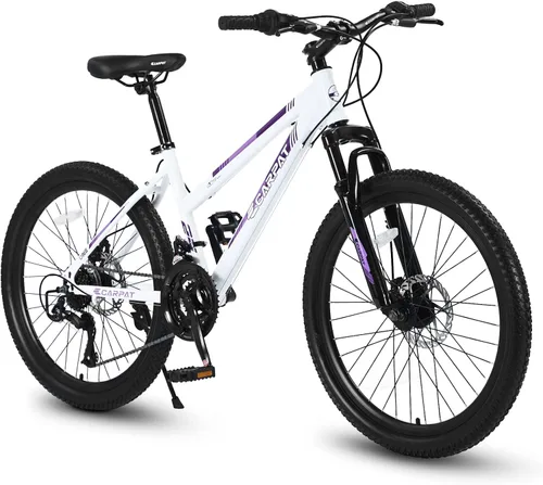 Vista 12 de Ecarpat 24/26 Inch Mountain Bike for Women Girls, 21-Speed Mountain Bicycle with Disc/V-Brakes and Front Fork Suspension, Carbon Steel Frame MTB Bike