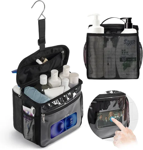 Vista 12 de Bukere Bolsa de ducha portátil para dormitorio universitario, compartimiento separado, gran capacidad, base de malla de secado rápido, bolsa de baño