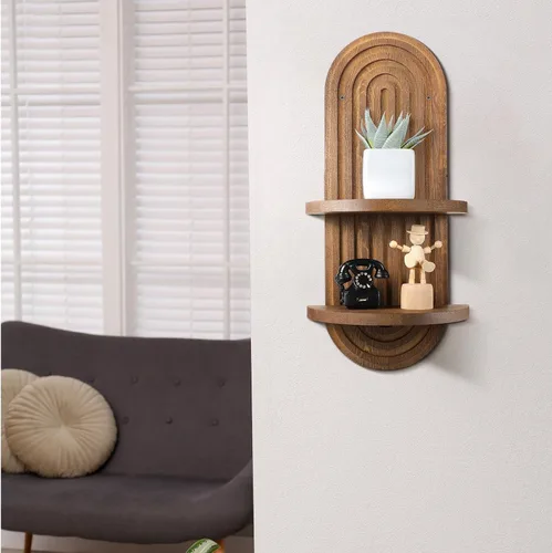 Vista 6 de Wenqik 2 Piezas Estante de Pared Boho Arco Iris Estante Flotante de Madera Soporte Colgante Bohemio de Mediados de Siglo Doble Vintage Montaje